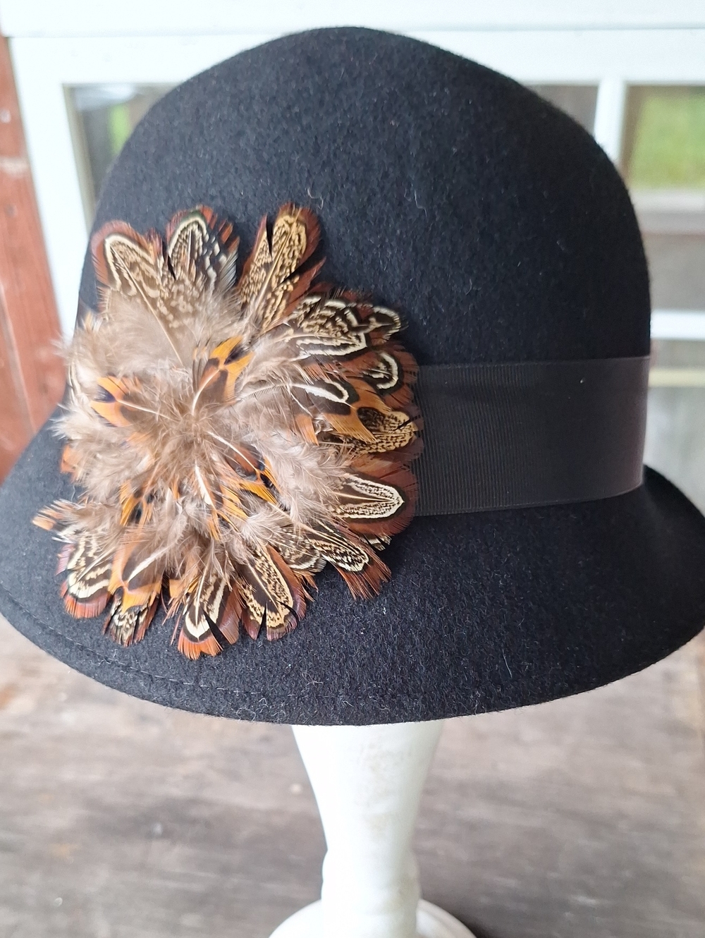 Collection XIIX Black Wool Cloche Hat with Feather Flower Accent